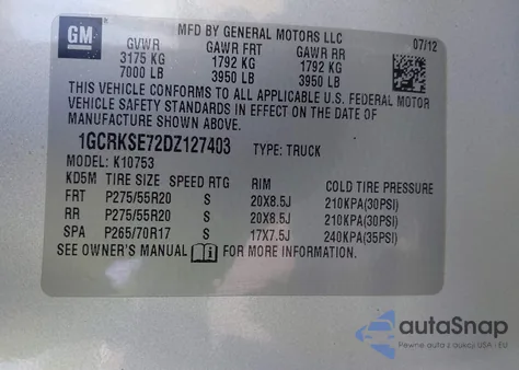 2013 Chevrolet Silverado 1500 Lt from USA, damaged, VIN 1GCRKSE72DZ127403